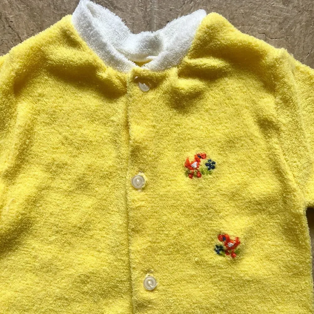 Vtg Terrycloth Sleeper Sunny Yellow Embroidered Dinosaur Retro Kidcore Kitschy
